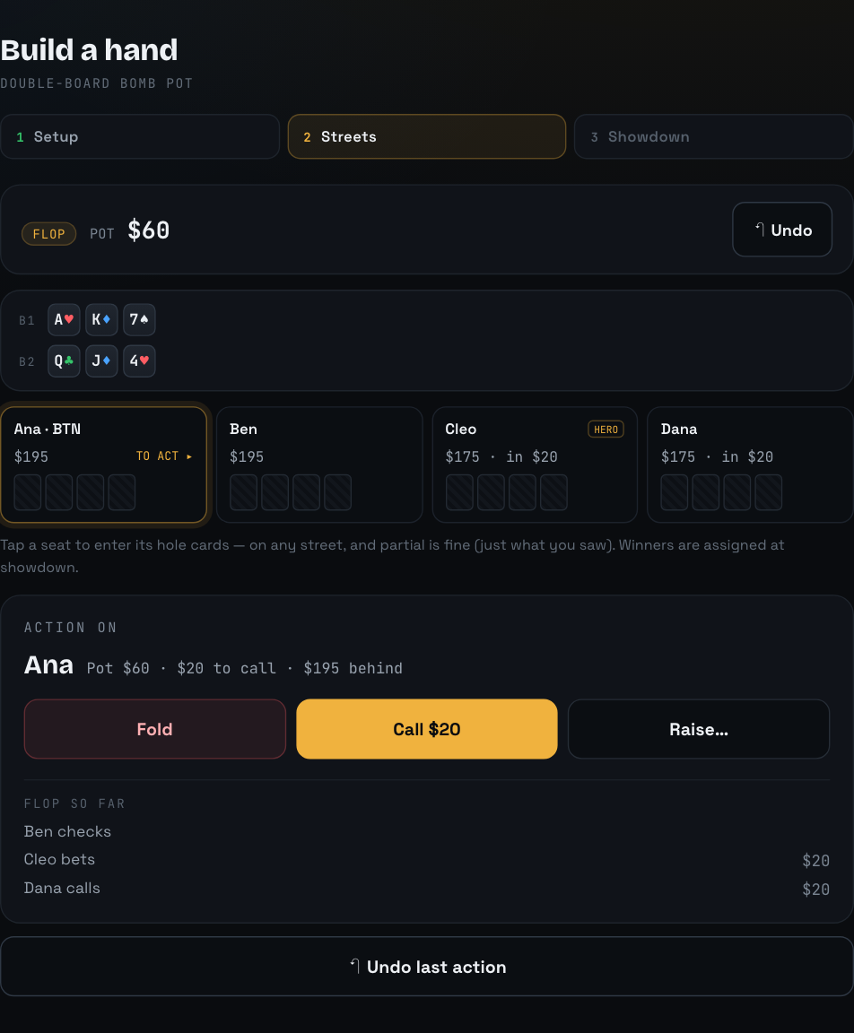 The action recorder: “ACTION ON Ana”, a context line reading “Pot $60 · $20 to call · $195 behind”, Fold, Call $20 and Raise buttons, a FLOP SO FAR log listing Ben checks, Cleo bets $20 and Dana calls $20, and a full-width “Undo last action” button beneath the log.