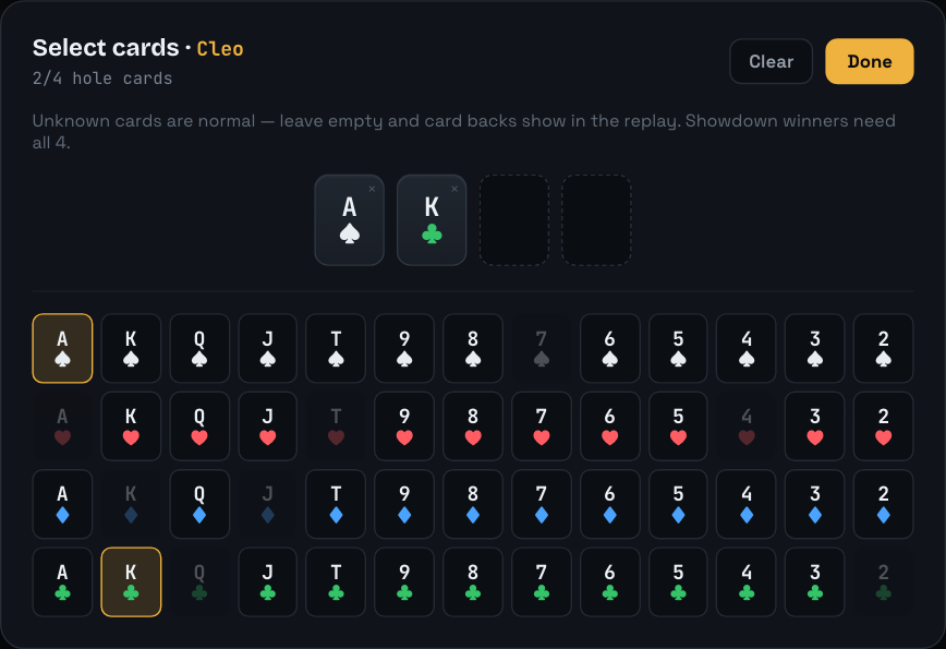 The card picker opened for a seat: the header reads “Select cards · Cleo”, a counter reads 2 of 4 hole cards, two chosen cards sit in the preview slots, and the cards already on the boards are dimmed out of the grid.